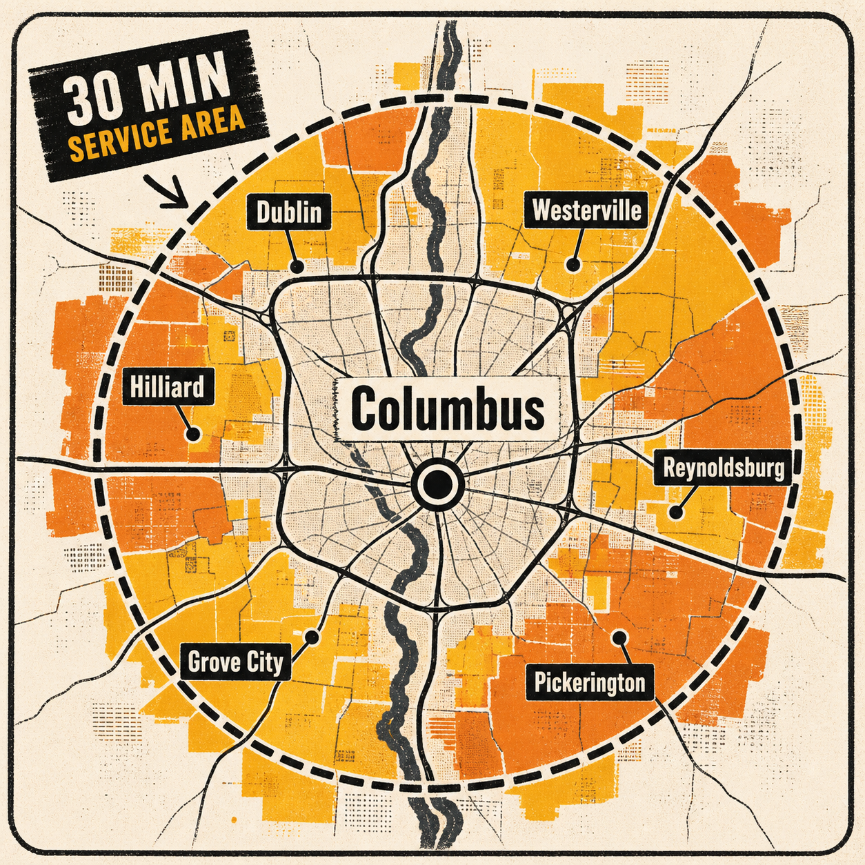 Stylized map showing Smoke Break Vending's 30 minute Columbus, Ohio service area.
